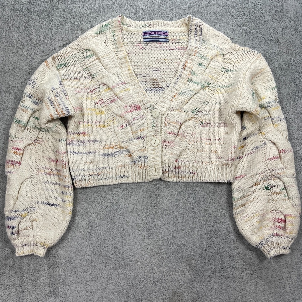 Kimchi Blue Cardigan Crop Sweater Womens Small Cream Jumbo Cable Knit V Neck